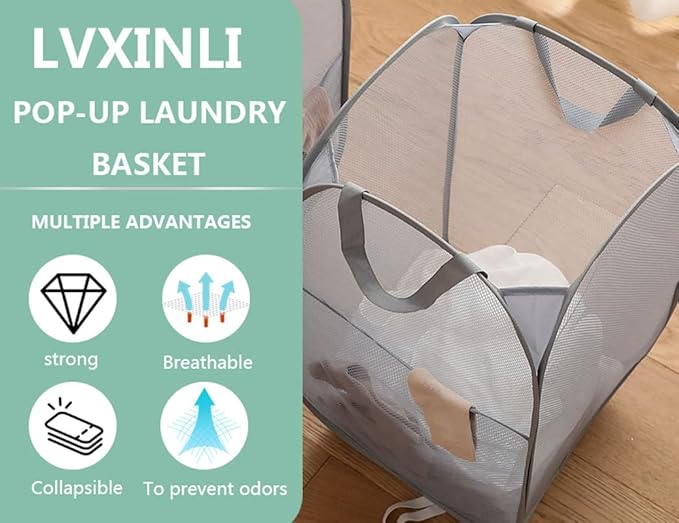 2 Pack Mesh Laundry Basket, Foldable Popup Laundry Hamper