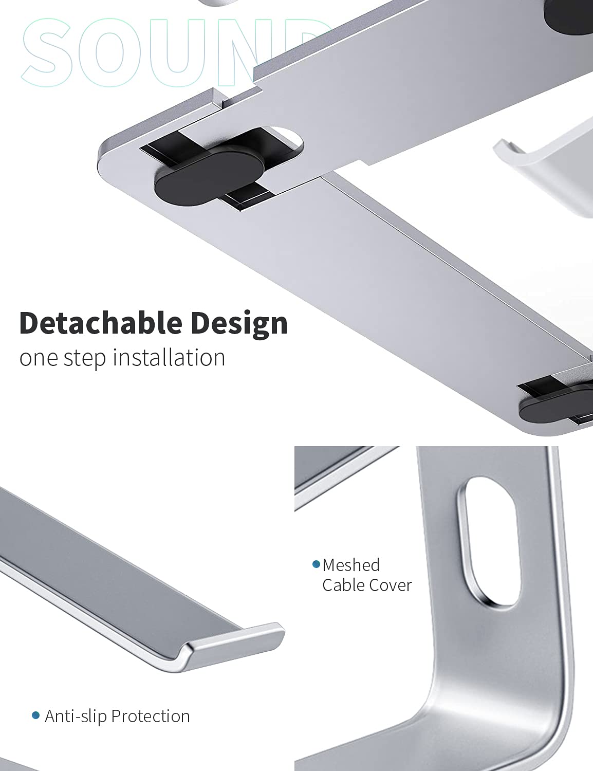SOUNDANCE Laptop Stand, Aluminum Computer Riser, Ergonomic Laptops Elevator for Desk, Metal Holder Compatible with 10 to 15.6 Inches Notebook Computer, Silver