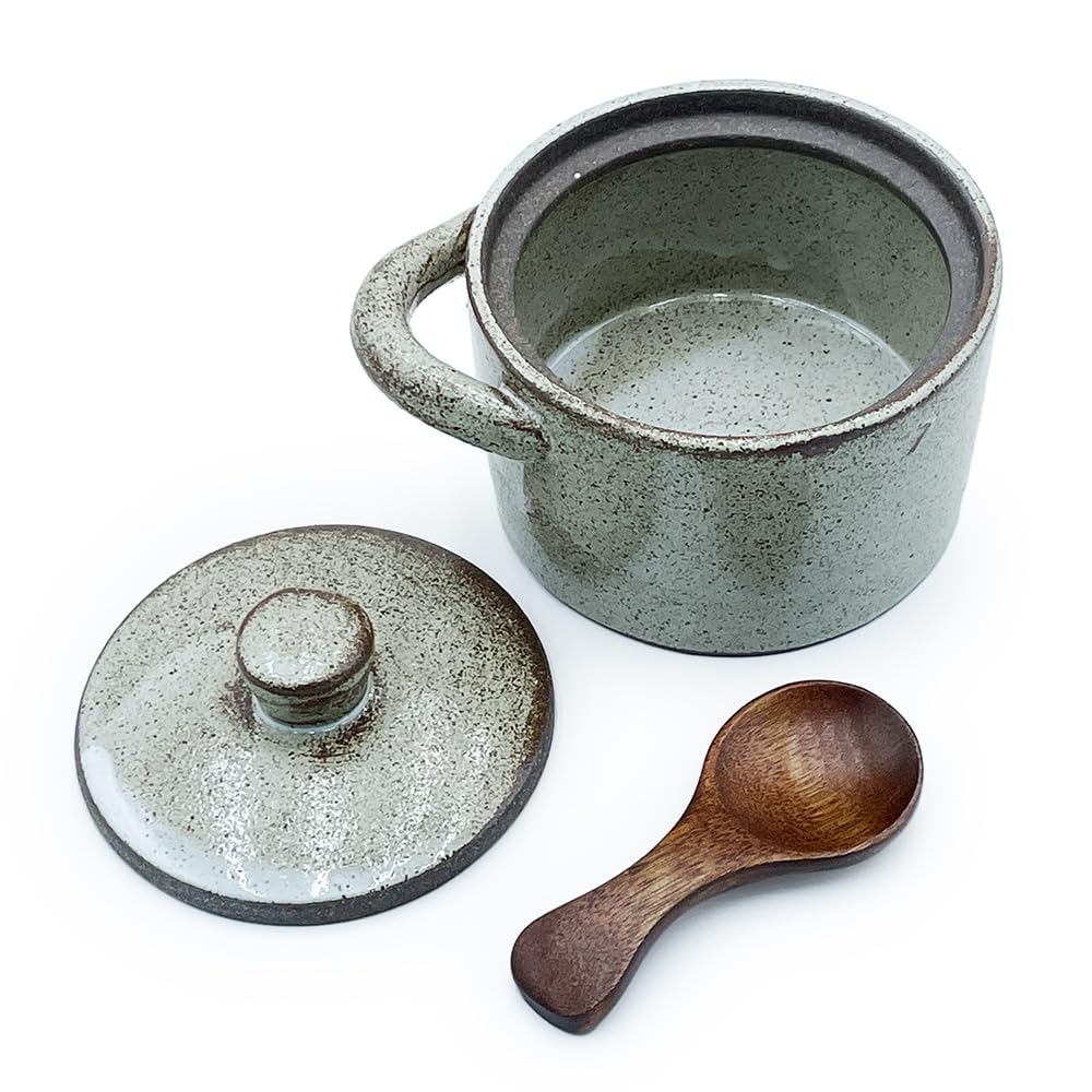EWEIGEER Ceramic Salt Cellar With Lid & Spoon,8oz Salt Container For Countertop,Sugar Bowl,Spice Jar(Coarse Pottery Color)