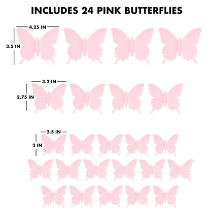 Cute Pink Butterfly Wall Decor 24 pcs, Girls Room Wall Decals, Danish Pastel Aesthetic Butterflies Stickers for Nursery Decorations, Baby Toddler Room Decor for Girls