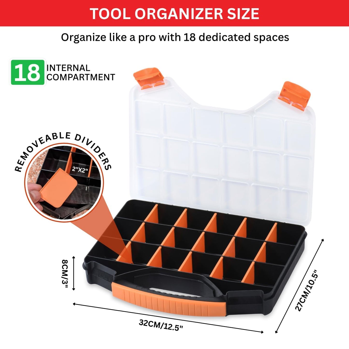 Andalus Tools Organizer Box, Small Parts Storage 18-Compartment Portable Hardware Organizer Removable Plastic Dividers for Screws, Nuts, Bolts, Nails – Orange (2 Pack, 12.75" x 10" x 1.75")