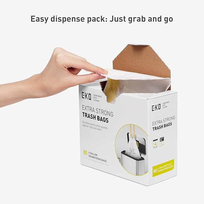 EKO 4 Gallon / 10-15 Liter, Extra-Strong Unscented Garbage Bags, Easy-Dispense
