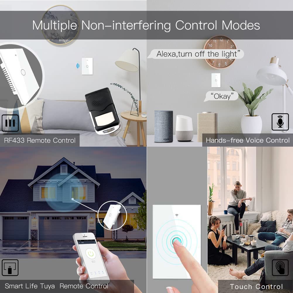 MOES Touch Wall Single Live Wire Smart Switch，No Neutral Wire Needed, 2.4GHz WiFi RF433 Light Switch Works with Smart Life/Tuya App, Alexa and Google Home, Single Pole 110V, White 1 Gang