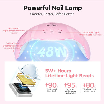 Modelones Poly Nail Gel Kit, 6 Colors Poly Extension Gel Clear Pink White with 48W U V/LED Lamp 3D Nail Charms Builder Slip Solution Complete Toe Manicure Supplies Tools for Starter