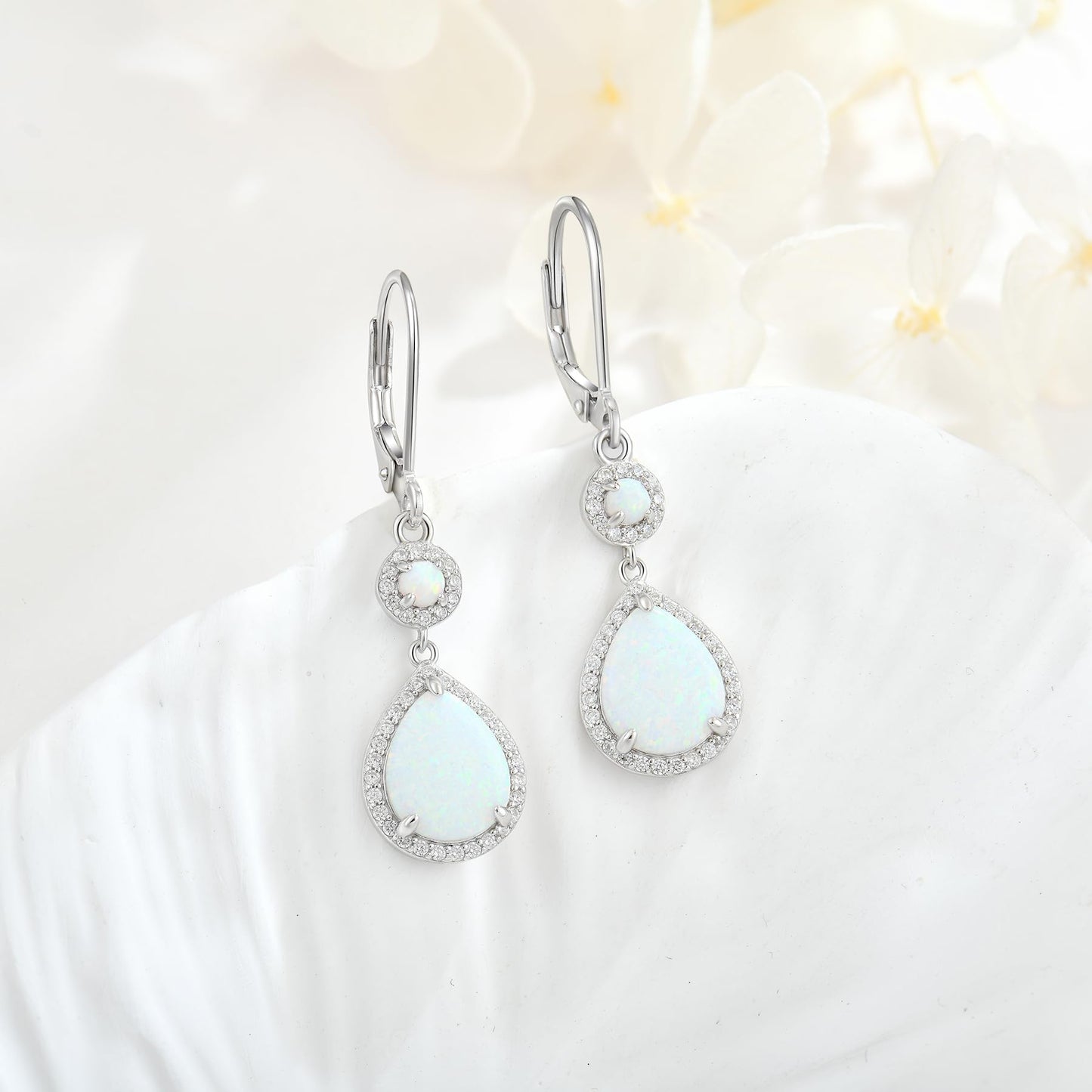 FYNSBLE White Opal Earrings for Women Sterling Silver Dangle Drop Leverback Earrings Hypoallergenic Jewelry for Women