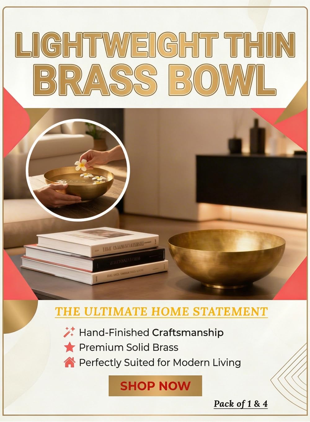 Serene Spaces Living Antique Brass Decorative Bowls, Metal Pedestal Basket for Floating Candles, Flowers, Potpourri & Catchall Decor, Centerpiece for Tabletop, 4.75" Tall x 12" Diameter, Pack of 4