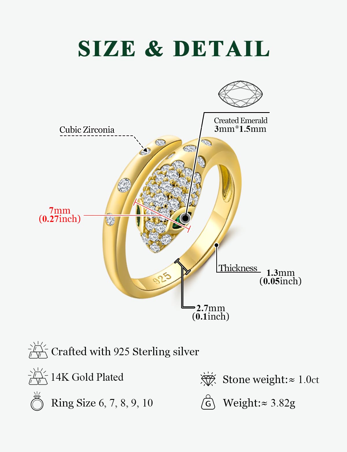 RANDES Snake Rings for Women Gothic Jewelry 925 Sterling Silver Adjudtable Statement Cocktail Ring Emerald Cz Yellow Gold Plated Ring Size 8