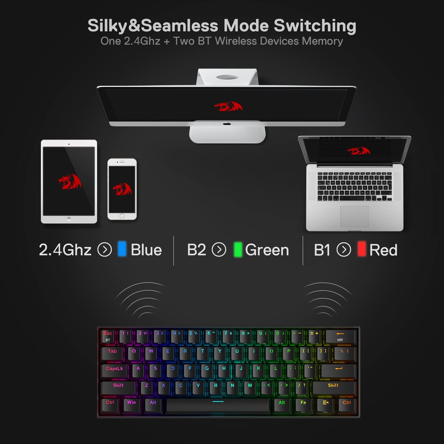 Redragon K530 Pro Draconic 60% Wireless RGB Mechanical Keyboard, Bluetooth/2.4Ghz/Wired 3-Mode 61 Keys Compact Gaming Keyboard w/100% Hot-Swap Socket, Free-Mod Plate Mounted PCB & Tactile Brown Switch