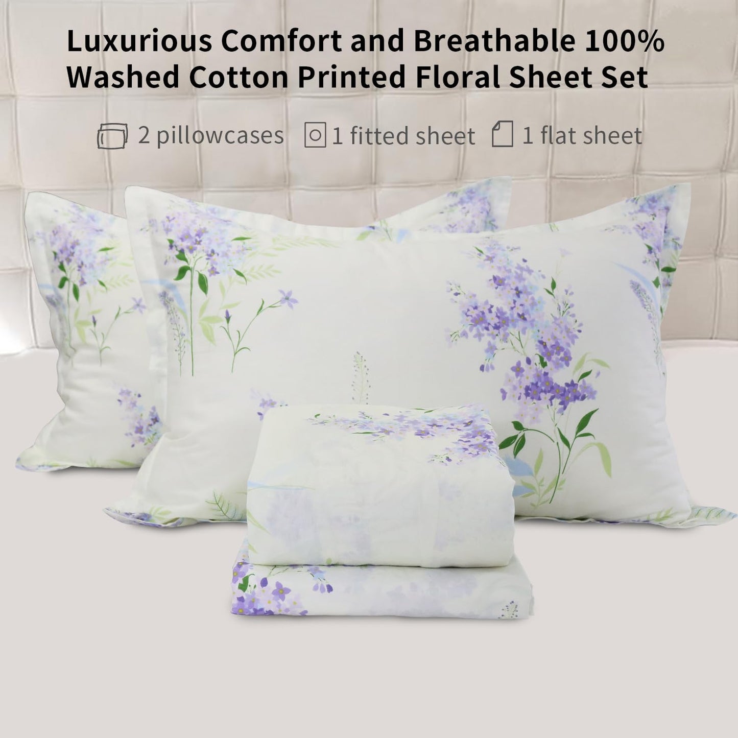 Helthep Floral Queen Sheet Set, Ultra-Soft and Breathable Cotton Sheet Set with Deep Pocket Fitted Sheet, Flat Sheet and Pillowcases, 4-Piece Queen Size
