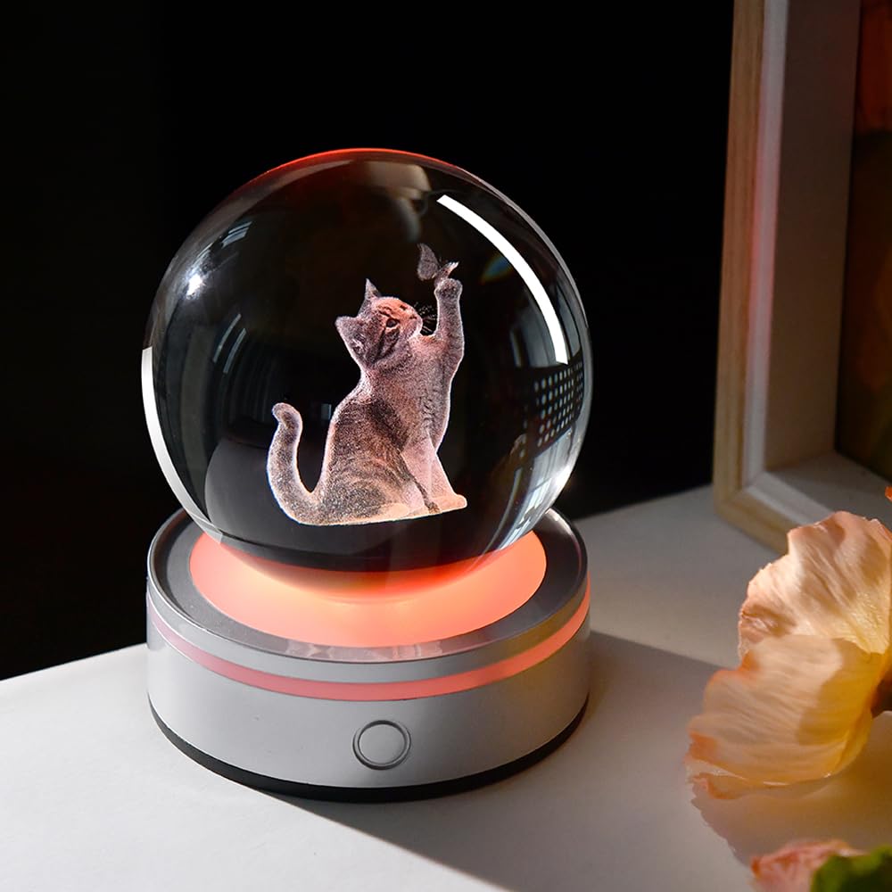 ZRENJHUS 3D Cat Crystal Ball Gifts for Women 80mm Cat Lover Gift for Her Glass Sphere Kitten Night Light with 12 Colorful Modes Light Base