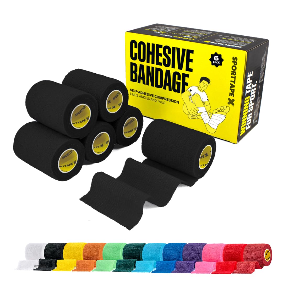 6 Rolls SPORTTAPE Self Adhesive Cohesive Bandage, Dog Bandage, Vet Wrap for Horses | 7.5cm x 4.5m - Black | Cohesive Wrap for Compression | Football Sock Tape, Shin Pad Tape, Wrist & Ankle