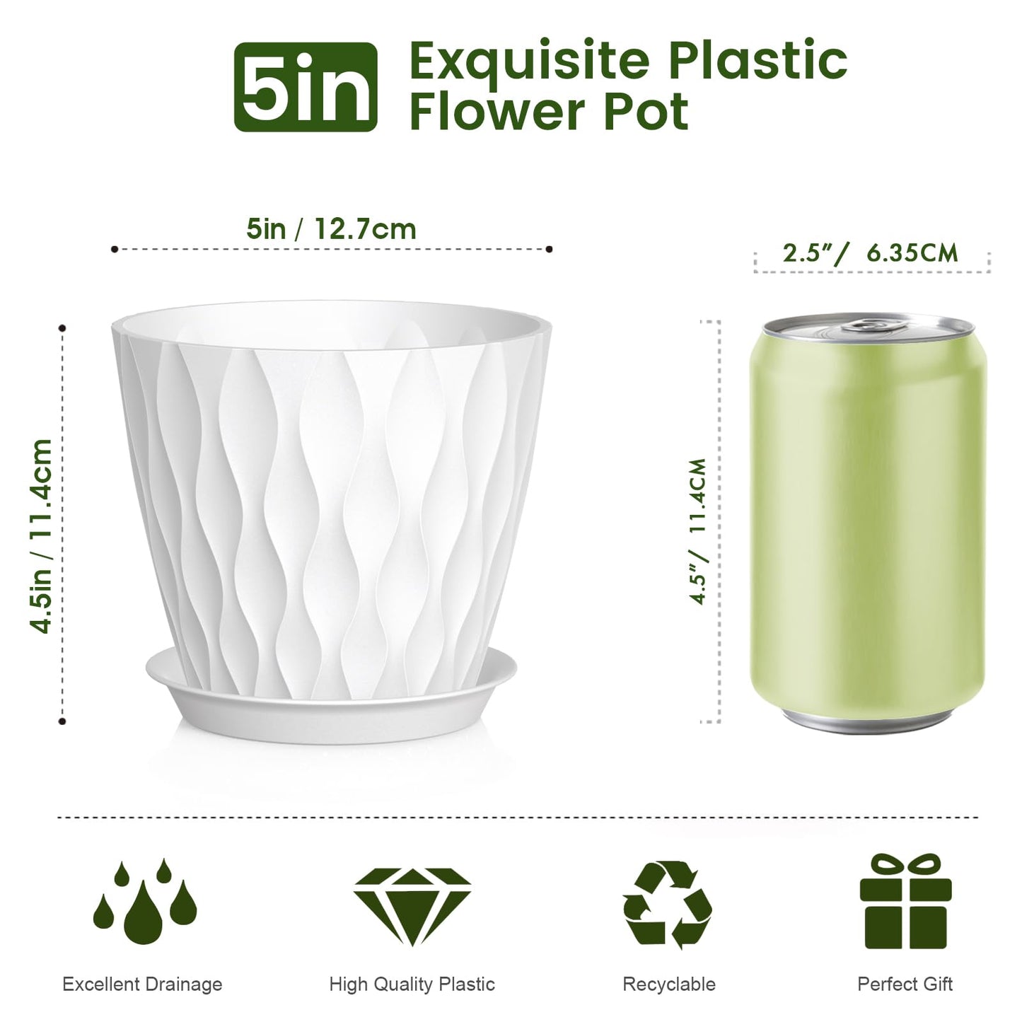Meowell 5 inch Plant Pots for Indoor Outdoor Plants, 6 Pack Thick Nursery Pots with Drainage Holes and Saucers, 3D Modern Wave Texture Small Plastic Planter Flower Pots for Succulent, Herb, White