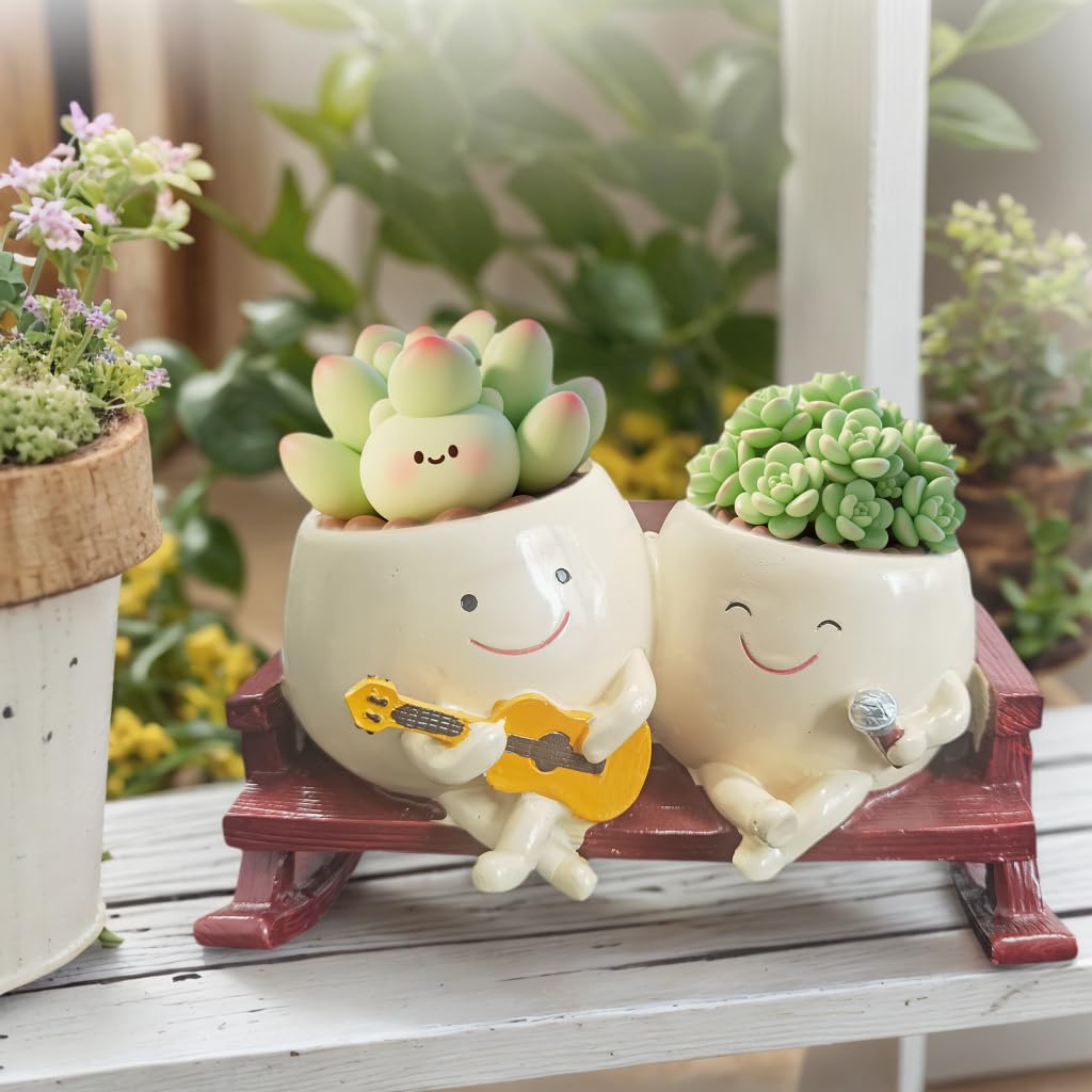 ERRSOU Smiley Face Planter Pot, Cute Funny Heart Rocking Chair Double Head Face Planter Pot with Unique Guitar and Microphone for Indoor Outdoor, Succulent Flower Pots with Drainage Hole ﻿