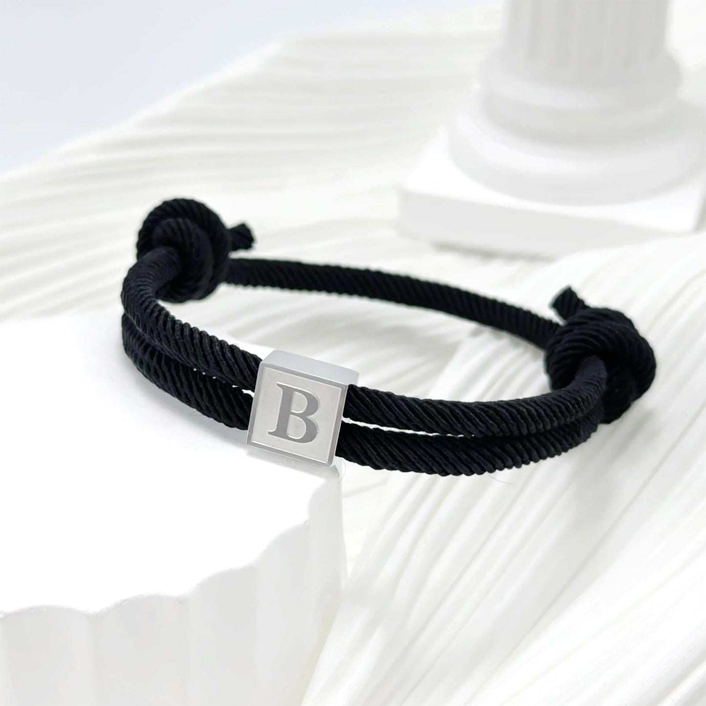 BHDJSHX Personalized Initial Rope Bracelet for Men, Stainless Steel A-Z Letter Bracelet,Adjustable Handmade Braided Black Cord,7-13 Inches,Gifts For Men,Brothers,Son,Boyfriend (F)