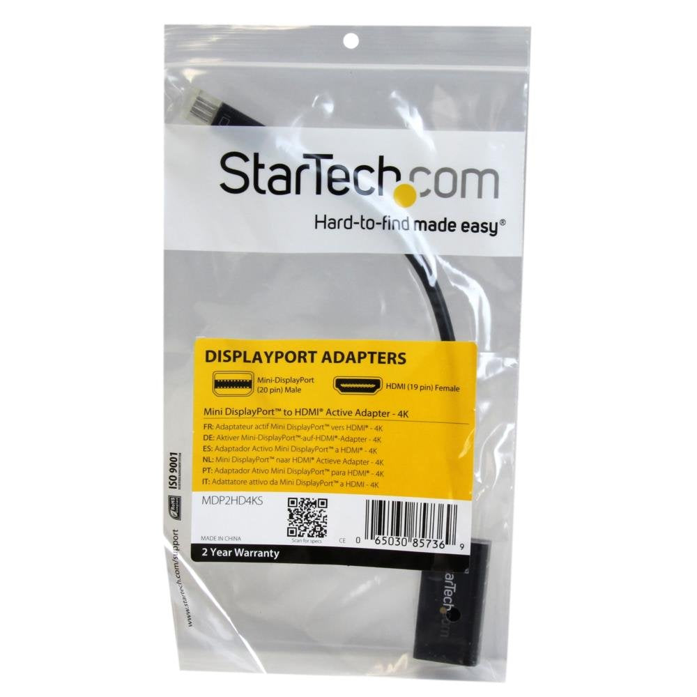 StarTech.com MDP2HD4KS Mini DisplayPort to HDMI 4K Audio / Video Converter – mDP 1.2 to HDMI Active Adapter for UltraBook / Laptop – 4K @ 30 Hz - Black