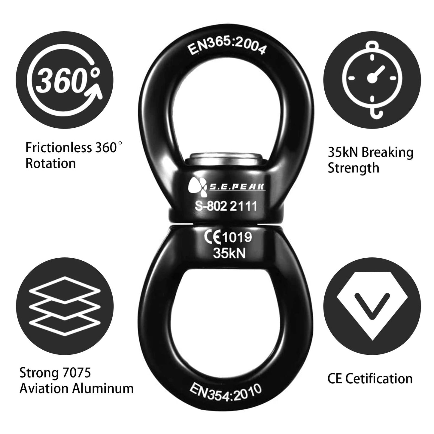 S.E.PEAK 35kN Swing Swivel, CE Certified 360°Rotational Device, Silent Hanging Accessory for Tree Swing, Aerial Dance