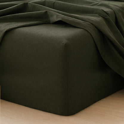 MooMee Fitted Bottom Sheet Only 100% Washed Cotton Linen Like Textured Breathable Durable Soft Comfy Deep Pocket Fits Mattress up to 17" (Olive Green, Queen)
