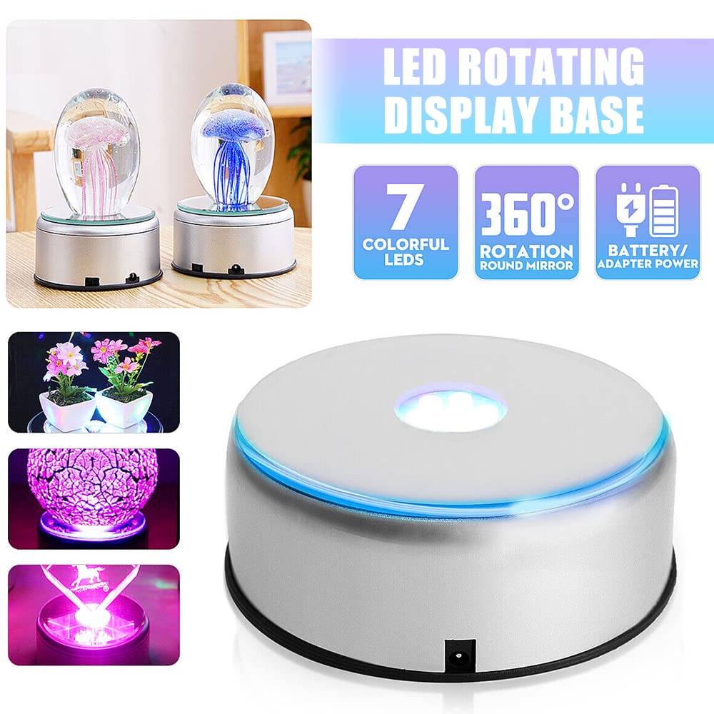 Watris Veiyi 4" LED Colorful Rotating Display Base, Light Rotating Crystal Display Base, Display Base Stand Turner for Crystals Glass Art and Cup