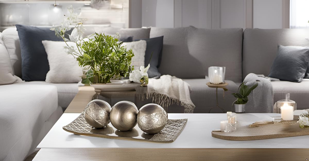 Creative Scents Dublin Silver Centerpiece Tray with three matching orbs and a set of three vases – perfect for coffee table decor in the living room or dining room
