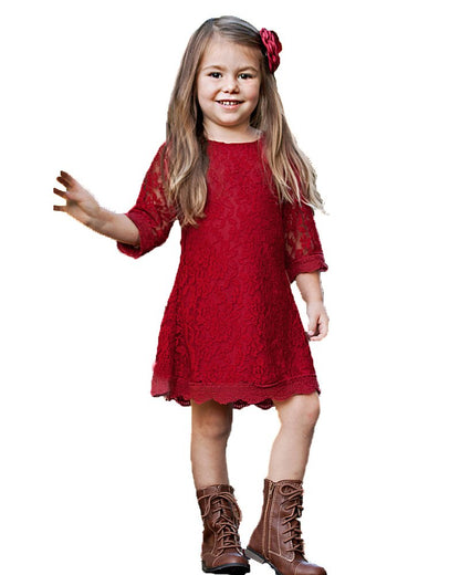 Flower Girl Dress, Lace Dress 3/4 Sleeve Dress (Red, 8-9 Years)