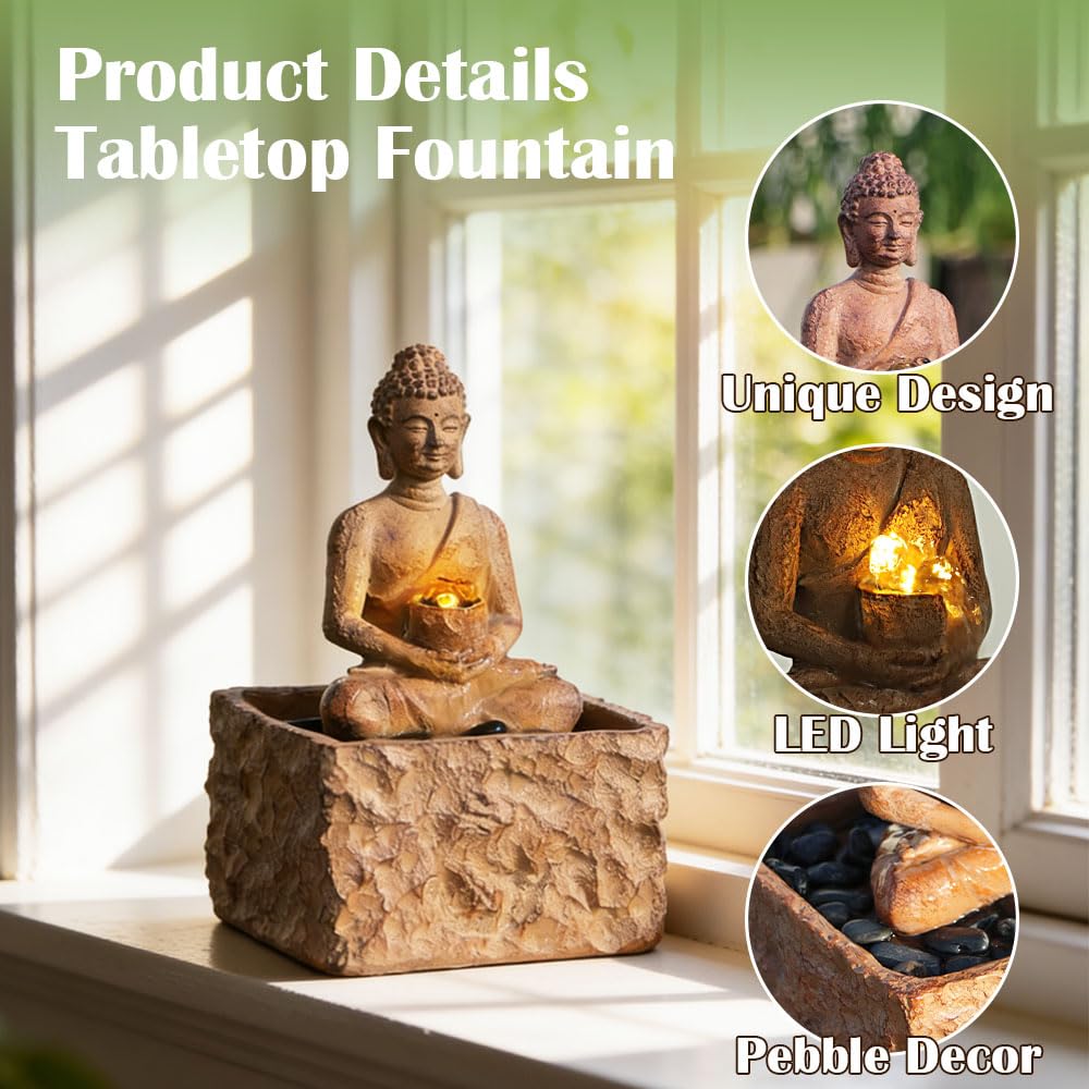 Indoor Tabletop Fountain, Zen Buddha Statue with LED Light Waterfall Fountain, ON/Off Switch with Pebbles, Modern Desktop Water Feature, Meditation Relaxation Decor for Home Office (Buddha Brown)