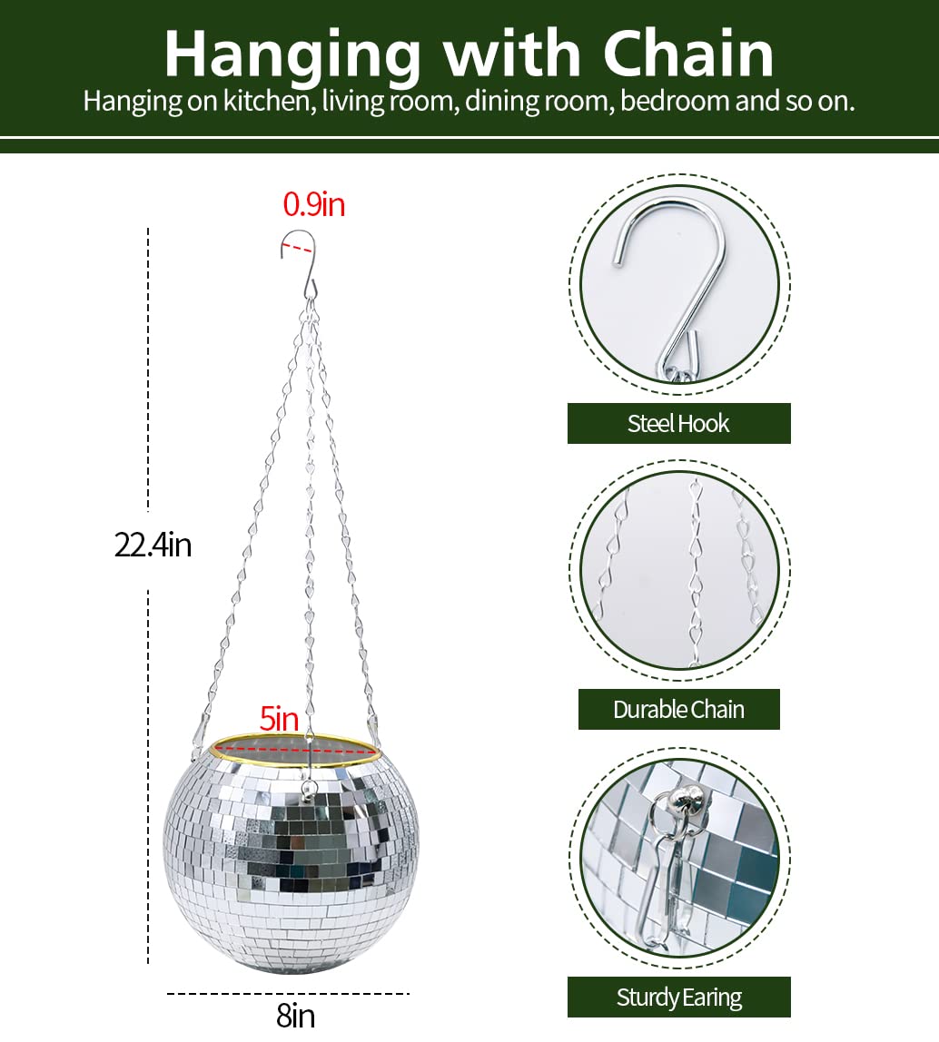 FGBNM Disco Ball Planter, 8" Silver Disco Ball Planter, Disco Ball Plant Hanger with Hanging Rope, Hanging Chain, Hook, Circle and Extra Mirror Pieces