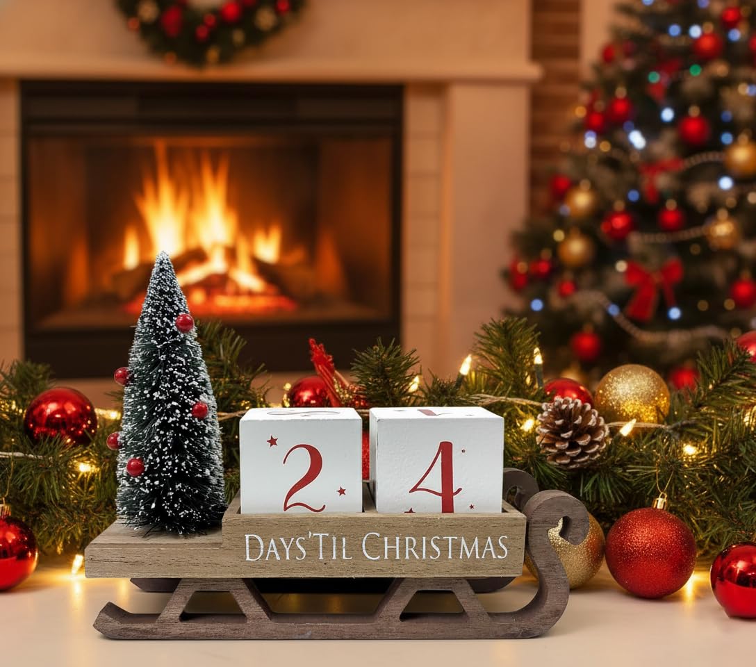 HOMirable Christmas Countdown Blocks Santa Sleigh Advent Calendar 99 Days Christmas Tree Decorations Wooden Farmhouse Rustic Sign Xmas Party Holiday Décor for Home Living Room, Mantel, Tiered Tray