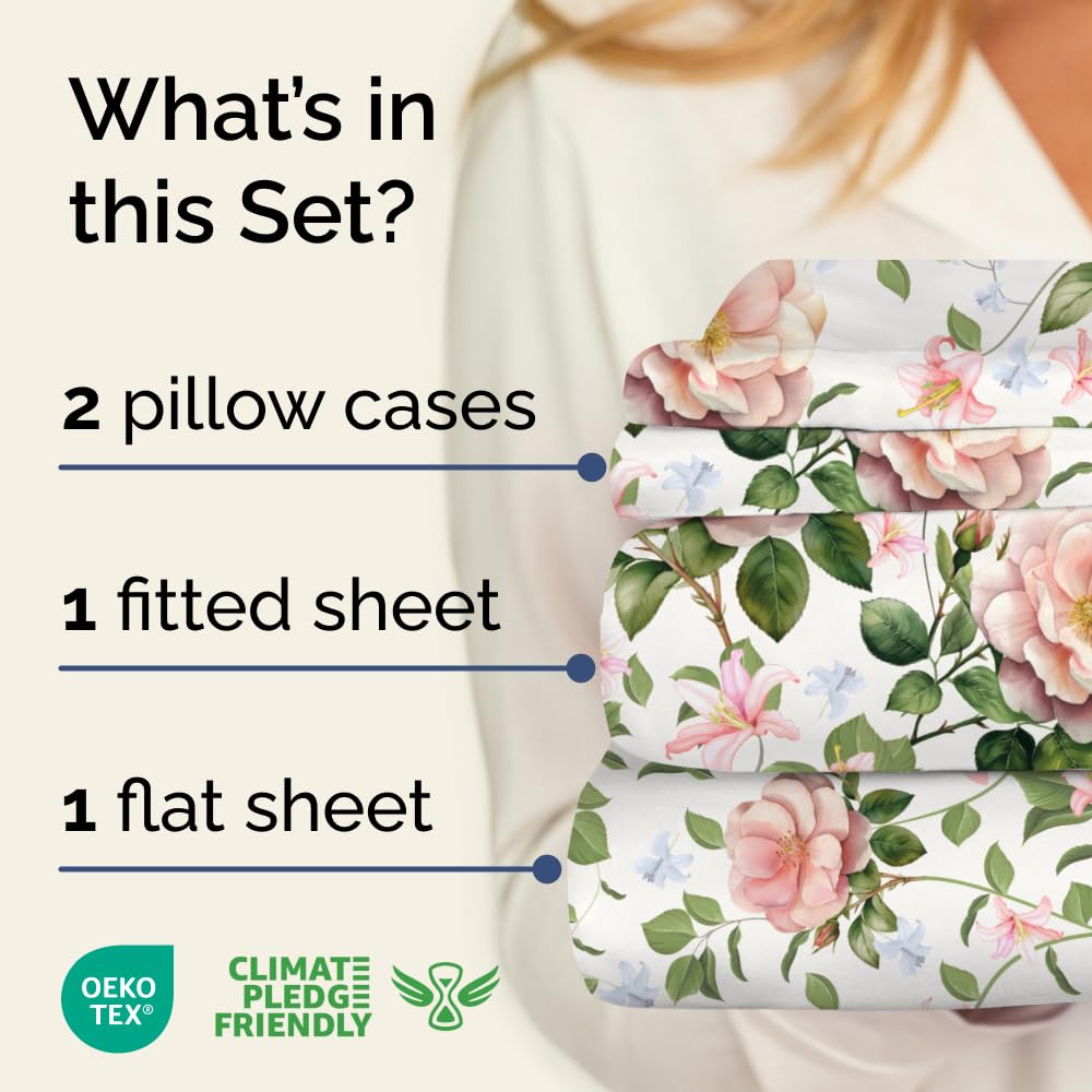Floral Sheets - Pink Floral Rose Bed Sheet Set - 1 Flat, 1 Fitted & 2 Pillowcases w/ Deep Pockets - Comfy, Wrinkle & Fade Free Boho Botanical Bedding - Ultra-Soft, Breathable & Cooling - King Size New