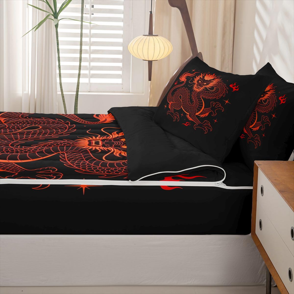 Erosebridal Japanese Style Dragon Kids Full Zipper Bedding Set Red Black Comforter Set with Fitted Sheet for Boys Girls Teen Exotic Animal 3 Pcs Bed in a Bag Set Vintage Wildlife Zip Up Bedding Sets