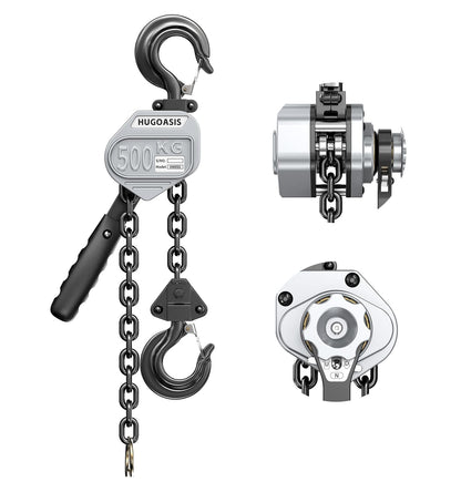 HUGOASIS Mini Lever Hoist 1/2 TON 1100 LBS Capacity 10FT Lift, Portable Aluminum Ratchet Chain Hoist with G80 Alloy Steel Chain, Dual Brake Hand Chain Puller for Lifting & Pulling,Silver