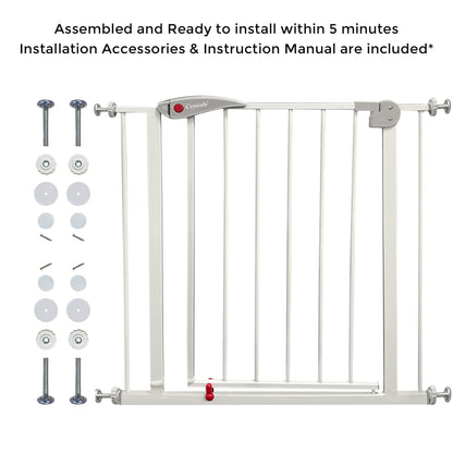 Baby Gate for Doors and Stairs, 10 cm Extension, Stair Gate Pressure Fit - No Screws, Child Stair Gate for Widths 75 to 85 cm, Dog Safety Gate One-Handed Opening to Both Sides, Metal, White/Grey