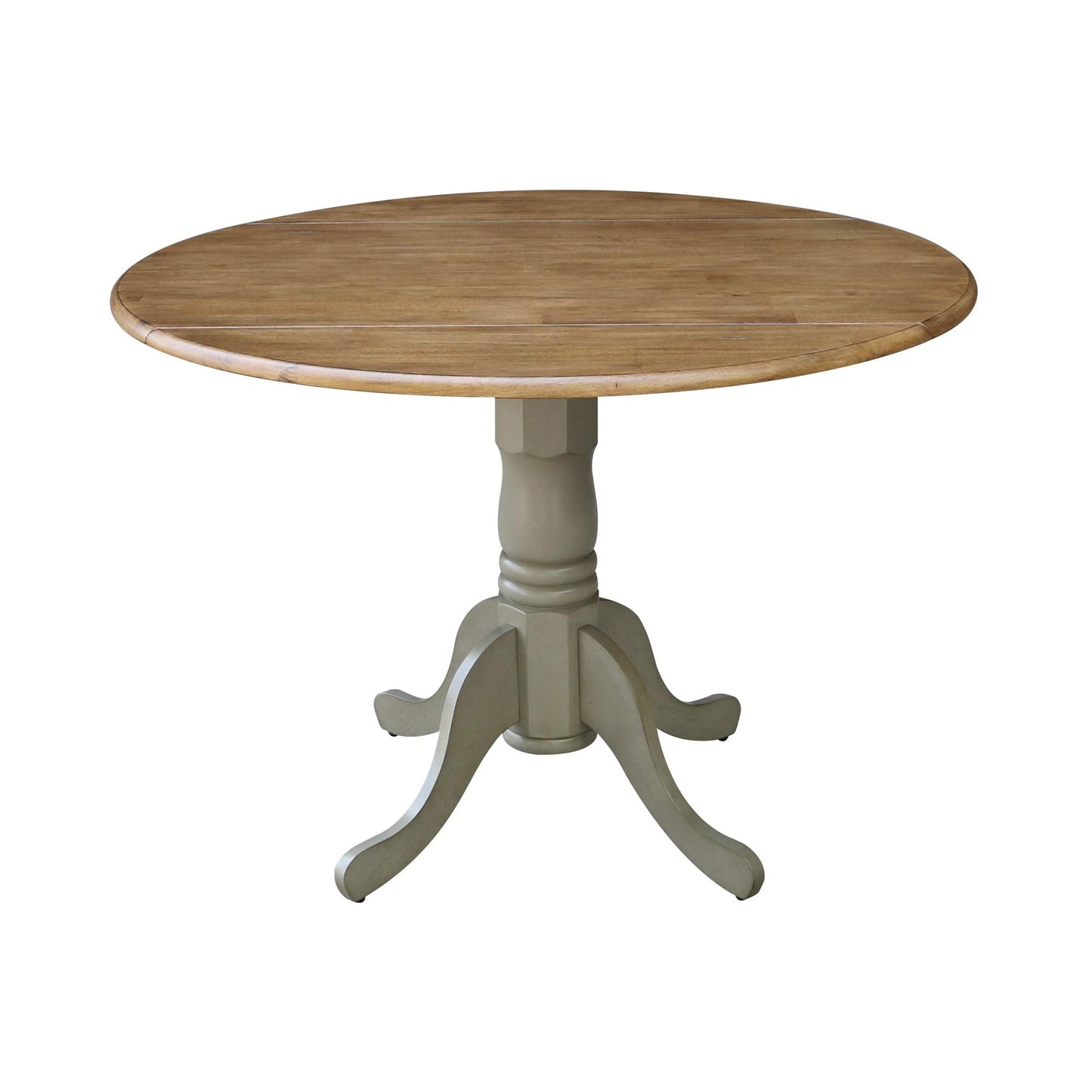 IC International Concepts, 42" Round Dual Drop Leaf Pedestal Dining Table, Solid Real Wood, Sturdy Parawood, Distressed Hickory/Stone