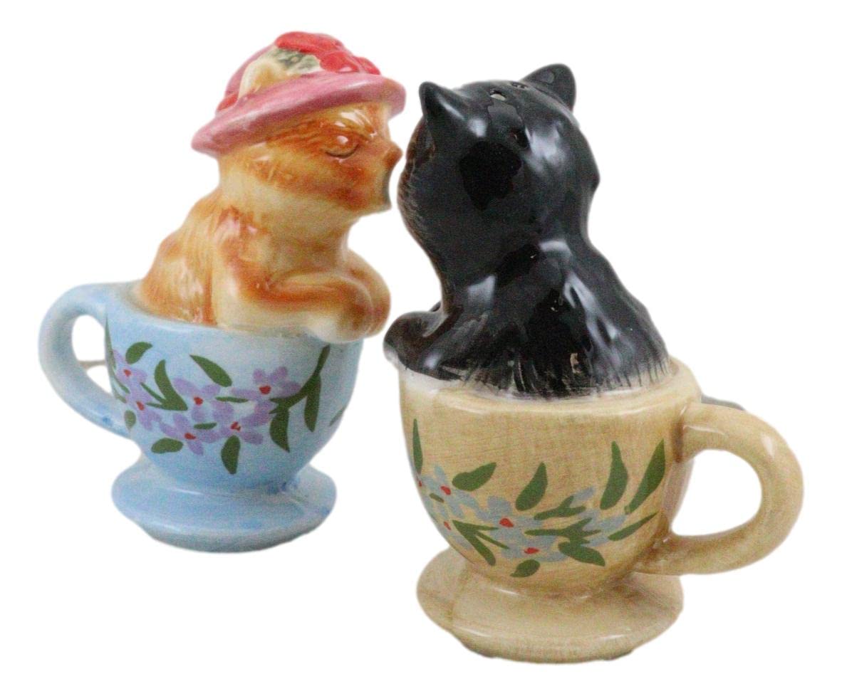 Ebros Ceramic Tabby And Tuxedo Black Kitty Cats In Teacups Kissing Salt And Pepper Shakers Set Valentines Tea Cup Cat Kittens Figurines Party Kitchen Tabletop Collectible Decorative Accents