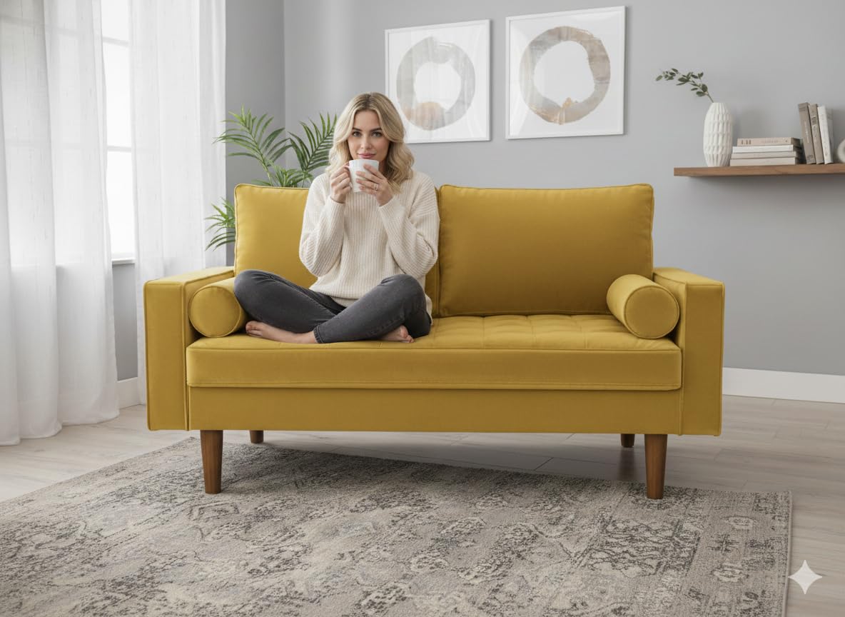 Container Furniture Direct Womble 58 Inch Velvet Loveseat Sofa with Elegant Button Tufted Upholstery, Square Arms, Splayed Wood Legs, Includes Matching Bolster Pillows, Goldenrod