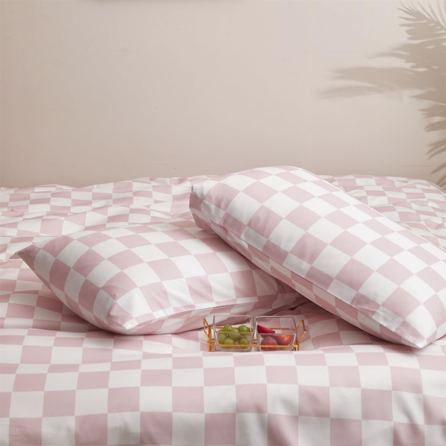 KAREVER Pink Grid Comforter Full Pink Plaid Bedding Set Girls Pink White Checkered Bed Comforter Set Breathable Blanket Set Kids Durable Bedding Comforter Set