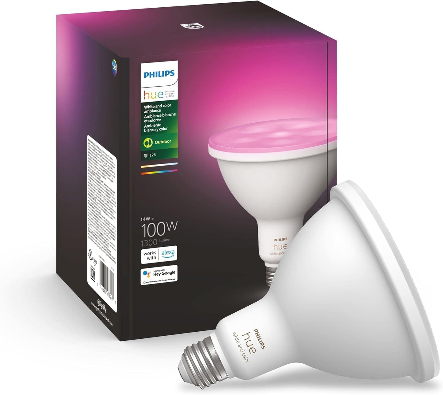PHILIPS Hue Smart 100W PAR38 LED Bulb, 2 Pack, White & Color Ambiance Color-Changing Light, 1300LM, E26, Outdoor Light Bulbs, Control with Hue App, Works with Alexa, Google Assistant and Apple Homekit