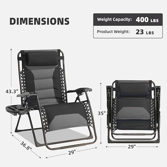 Zero Gravity Chair Set of 2 Oversized Padded Recliner with Adjustable Headrest & Cup Holder - 600D Oxford Folding Lounge Chair for Outdoor Camping, Patio, Poolside (Black & Gray)
