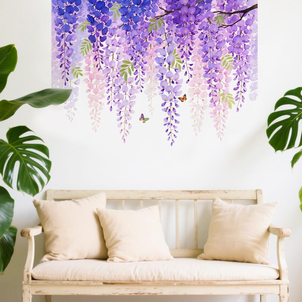 beinkmake 4pcs Purple Plants Leaves Wall Decal Hanging Vine Peel and Stick Wall Decal Butterfly Wall Sticker for Bedroom Living Room Hotel Decor 11.8x35.4inch