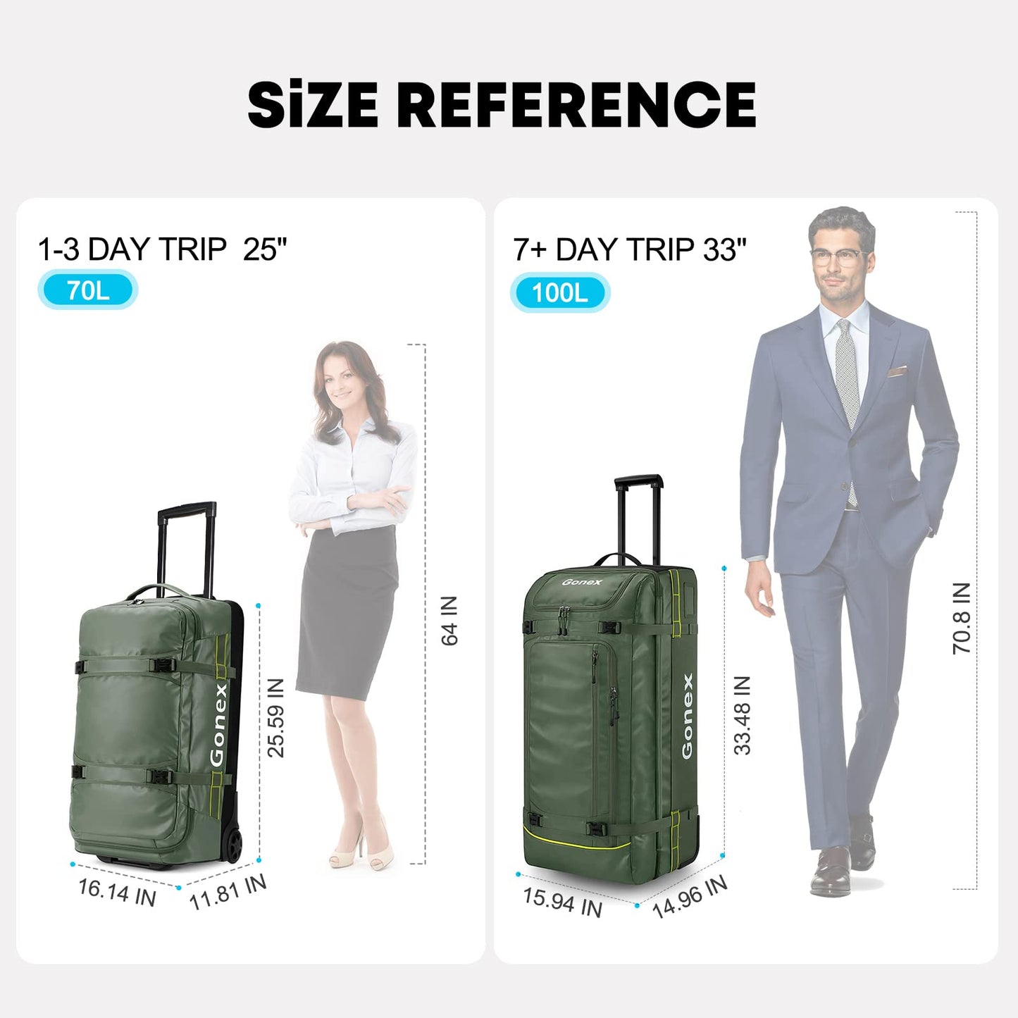 Gonex Travel Compression Packing Cubes Set, 6 Pcs, Green & Rolling Duffle Bag with Wheels, 25 inch, Olive