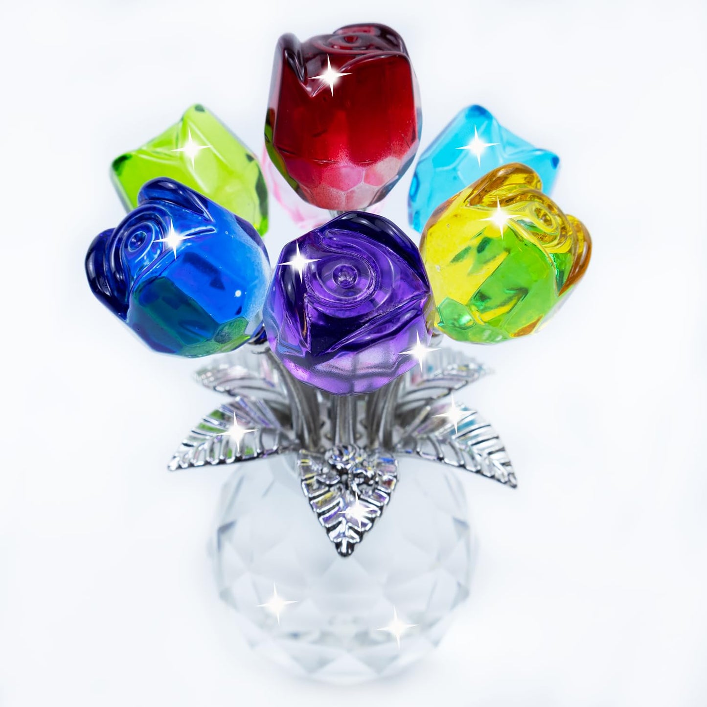 TWINKLING Crystal Roses Figurine with Round Vase, Glass Rose Crystal Flowers Bouquet, Birthday, Anniversary,Wedding, Home Décor,Silver Leaf (Multicolor)
