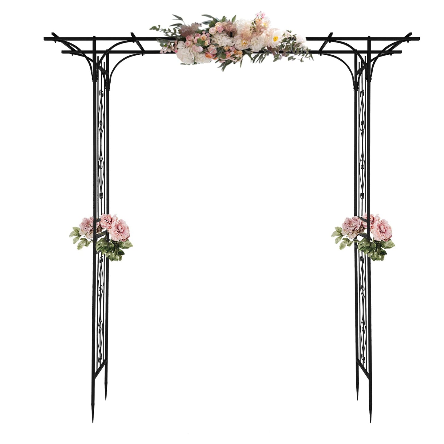 85" Metal Garden Arch Trellis for Climbing Plants, Large Flat Top Iron Arbor for Wedding Events & Backyard, Rustproof Outdoor Flower Support Rack for Roses & Vines, 6.7ft Wide, Black