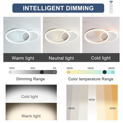 KAUCQI LED Ceiling Light, Creative LED Ceiling Lamp, 36W 3600lm, Dimmable with Remote Control 3000K-6000K, Modern Ceiling Lights for Living Room, Bedroom, Hallway, 2 Rings 55 * 40 * 6CM