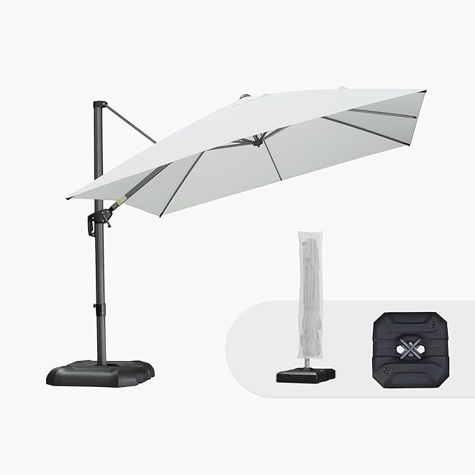 PURPLE LEAF 10'×10' Patio Umbrella with Base and Cover Outdoor Large Offset Cantilever Umbrella Heavy Duty Sun Umbrella for Garden Deck Pool Patio White
