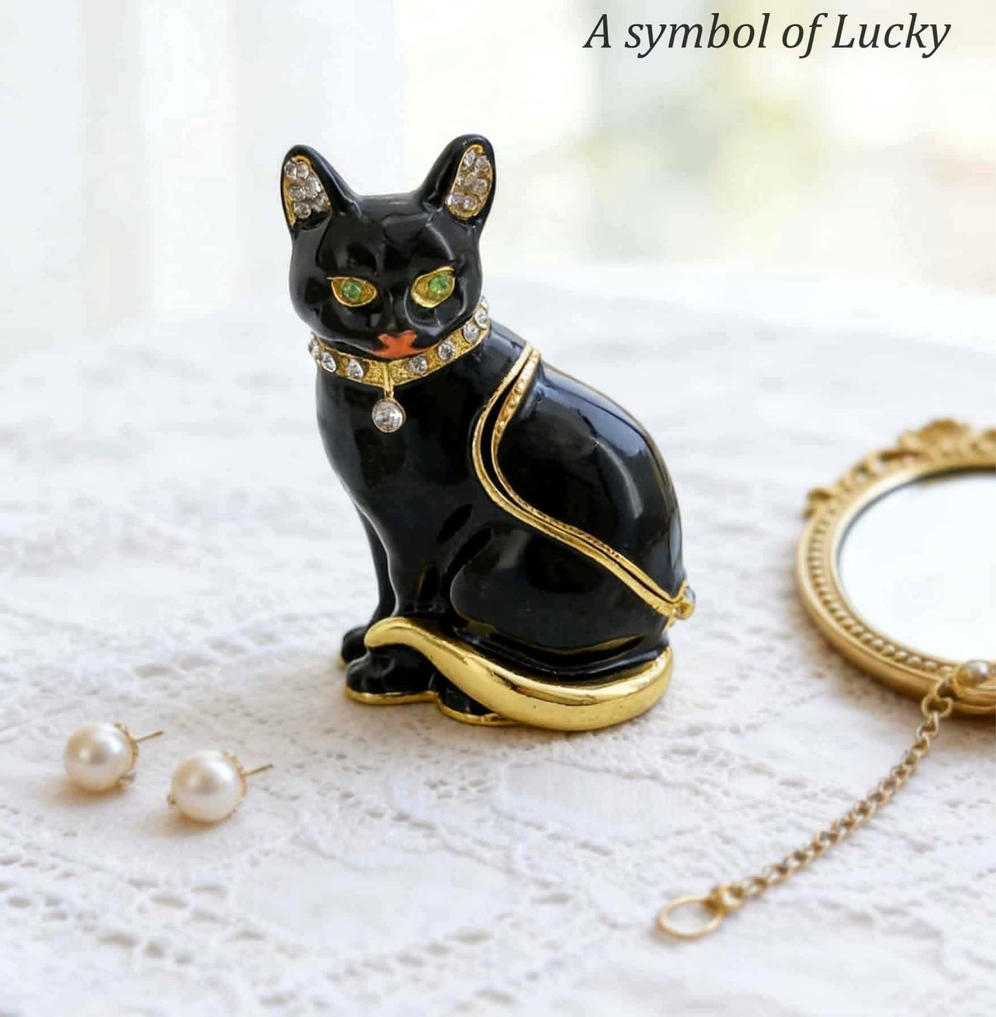 JWT Astyle Luxury Black Cat Hinged Jewelry Box with Crystals.Hand Painted Cat Figurine Trinket Box .Classic Animal Designs.Rings Earrings Necklace Storage Box, Cat Home Decor Gift