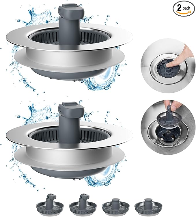 Hibbent 2 Pack 3 in 1 Kitchen Sink Drain Strainer and Stopper Combo, Chrome