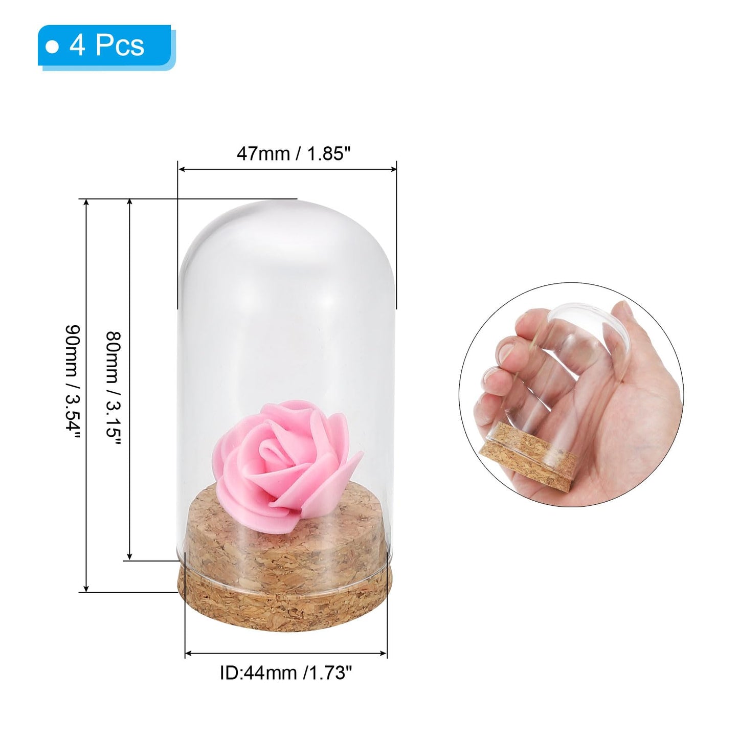 PATIKIL Clear Cloche Glass Dome, 4 Pack Glass Bell Jar Display Case Tabletop Centerpiece with Cork Base for LED Light Plants Home Decor 1.81x3.54inch