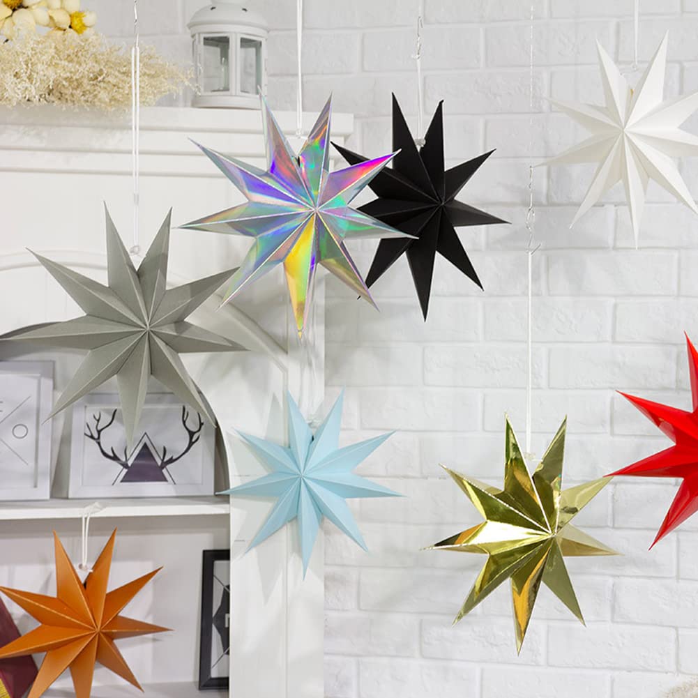 3 Pieces Paper Star Lanterns - 9-Pointed 12inch Pendant Hanging Lampshade Decorations for Wedding Birthday Party, Pink