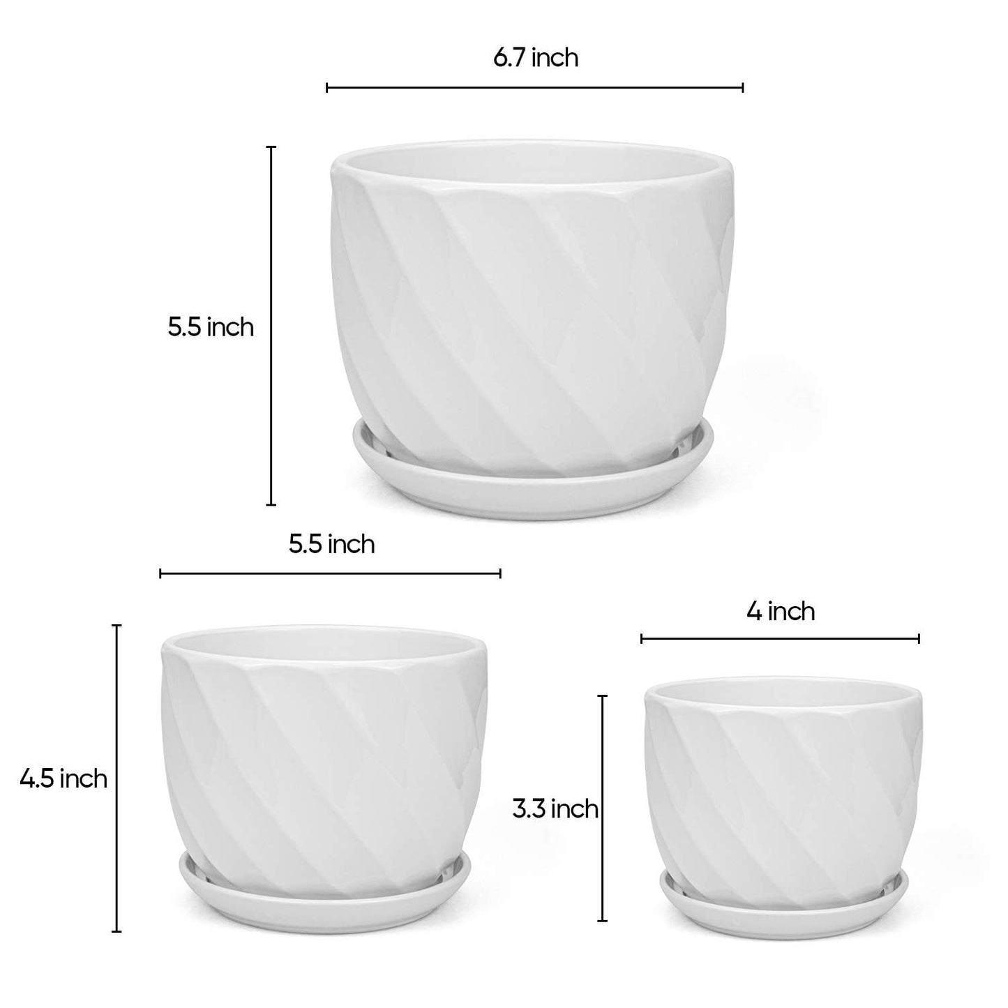 Foraineam Set of 3 Round Modern Ceramic Planter Pot Small to Large Sized Garden Flower Plant Pots White Succulent Cactus Containers with Drainage and Saucer