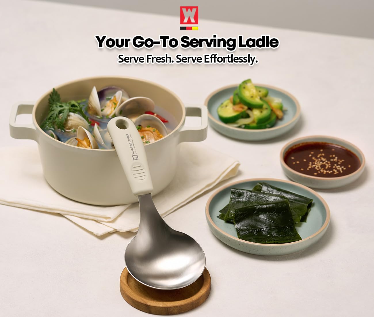 Short Stainless Steel Ladle 220mm (8.6”) – SUS304 Thick Deep Bowl Head with Soft-Grip Silicone Handle – Lightweight Mini Soup & Serving Spoon for Cooking – 5 Color Options (Ivory)