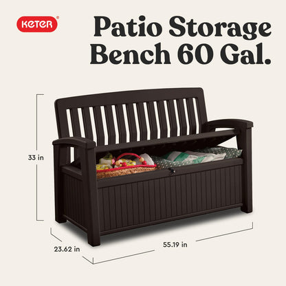 Keter 60 Gallon Storage Bench Deck Box for Patio Furniture, Front Porch Decor and Outdoor Seating – Perfect to Store Garden Tools